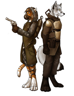 anthro armor black_bottomwear black_clothing black_nose black_pants blue_eyes bottomwear brown_clothing brown_hair brown_topwear clothed clothing duo female female_anthro fur grey_body grey_fur hair head_tuft looking_at_viewer male male_anthro markings mouth_closed orange_body orange_fur pants simple_background standing striped_legs striped_markings striped_tail stripes tail tail_markings topwear tuft white_background white_body white_fur yellow_eyes solaxe_(artist) canid canine mammal