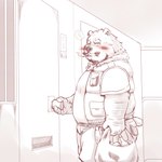 anthro belly blush bottomwear clothing detailed_background facial_hair humanoid_hands kemono male mustache overweight overweight_male pants shirt smoking solo topwear furipon bear mammal 1:1 2023 absurd_res hi_res