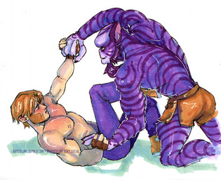 beard clothing facial_hair fur pointy_ears purple_body purple_fur striped_body striped_fur stripes text underwear hayesflint star_wars star_wars_rebels alexsandr_kallus garazeb_orrelios alien human humanoid lasat mammal url