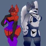 1:1 2017 anthro areola big_breasts black_nose breasts canid canine canis cleavage clothed clothing crossgender duo female fox fur grey_body grey_fur grey_hair grin hair hand_on_hip hi_res inner_ear_fluff jameskii legwear lingerie lipstick makeup mammal navel nipples panties pyrocynical red_body red_fur red_hair short_hair simple_background smile stickyhunter thick_thighs tight_clothing translucent translucent_clothing tuft underwear wolf youtuber