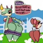 2018 aliasing angry animal_crossing anthro azalea_(animal_crossing) bare_shoulders big_breasts big_butt biped black_eyes black_nose blonde_hair bottomless bottomwear bottomwear_down breasts butt butt_envy butt_focus butt_slap carmen_(animal_crossing)_(mouse) clothed clothing comparing comparing_butts dialogue dialogue_box digital_drawing_(artwork) digital_media_(artwork) duo english_text eyeshadow facial_markings featureless_feet featureless_hands feet female frown full-length_portrait gloves_(marking) green_body green_tail hair half-closed_eyes head_markings header header_box holding_clothing holding_object horn huge_butt klutzatdusk leg_markings looking_at_another looking_back makeup mammal markings mouse multicolored_body murid murine muzzle_(marking) narrowed_eyes nintendo partially_clothed pink_tail portrait purple_clothing rat_tail rear_view red_body red_clothing rhinoceros rodent shirt short_hair short_stack side_boob size_difference skirt skirt_down slap smile smirk smug snout snout_markings socks_(marking) sound_effects standing tail tail_tuft tan_body text text_box text_header thick_thighs topwear tuft two_tone_body two_tone_tail white_body white_clothing white_tail yellow_horn