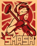 anthro communism gloves_(marking) hammer hammer_and_sickle holding_object holding_tool male markings nude politics sledgehammer smile solo stripes tools whiskers year eevachu smashmeerkat herpestid mammal meerkat 2011 character_badge_(artwork) character_name hi_res restricted_palette