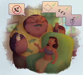 4_eyes 5_fingers aloha_shirt beverage blue_tongue cellphone chair clothing duo electronics eyes_closed female female_human fingers furniture gesture hand_gesture holding_cellphone holding_object holding_phone iconography inside male midriff multi_eye not_furry open_mouth pattern_clothing pattern_shirt pattern_topwear phone pillow pink_body pink_skin purple_body purple_skin raised_finger raised_index_finger shirt sitting sleeping smile sound_effects television tongue topwear vowelless vowelless_sound_effect zzz the_orion_nebula_(artist) disney lilo_and_stitch jumba_jookiba nani_pelekai alien alien_humanoid human humanoid kweltikwan mammal 2023
