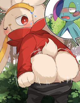 3_fingers ambiguous_gender anime_nosebleed anthro big_butt black_bottomwear black_clothing black_pants blood blush bodily_fluids bottomwear bottomwear_down butt clothed clothing duo fingers fluffy forest forest_background fur hair hair_over_eye looking_back multicolored_hair nature nature_background nosebleed one_eye_closed one_eye_obstructed open_mouth pants pants_down partially_clothed plant presenting pseudo_hair red_clothing semi-anthro solo_focus tree white_body white_fur yellow_inner_ear yellow_nose prrrrrrmine nintendo pokemon drizzile generation_8_pokemon lagomorph mammal pokemon_(species) raboot hi_res female_(lore) male_(lore)