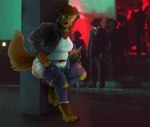 alcohol alternative_fashion anthro beer beverage clothed clothing detailed_background diaper feces female modern punk scatplay soiled_diaper soiling solo unclean_diaper used_diaper flax_(artist) scaramouche_rotbelly gnoll hyena mammal filth hi_res