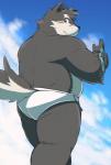 anthro briefs briefs_only clothed clothing kemono looking_at_viewer looking_back male sky slightly_chubby solo standing tighty_whities topless underwear underwear_only white_briefs white_clothing white_underwear ayame42612 lifewonders tokyo_afterschool_summoners moritaka_(tas) canid canine canis domestic_dog mammal 2017