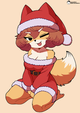 anthro belt big_breasts breasts brown_hair christmas_clothing christmas_headwear cleavage clothed clothing costume eyebrows female fluffy fluffy_tail fox_ears hair hat headgear headwear holidays santa_costume santa_hat solo tail tongue tongue_out white_eyebrows voider_(artist) christmas bully_fox canid canine fox mammal absurd_res hi_res