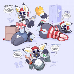 anthro bell bell_collar big_breasts big_butt blush bottle bottomwear breasts butt christmas_clothing christmas_headwear clothing collar container dialogue drunk female fluffy fluffy_tail fur grey_body grey_fur group hat headgear headwear holding_bottle holding_container holding_object holidays kneeling legwear mistletoe multicolored_body multicolored_fur pattern_clothing pattern_legwear pattern_thigh_highs plant ribbons santa_hat shirt shorts solo_focus speech_bubble striped_clothing striped_legwear striped_thigh_highs stripes substance_intoxication tail text thigh_highs topwear white_body white_fur yellow_body yellow_fur kilinah christmas junji_(kilinah) lemur mammal primate ring-tailed_lemur strepsirrhine 1:1 english_text hi_res