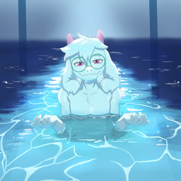anthro bathing clothed clothing eyewear floppy_ears fur glasses horn hot_spring inviting_viewer looking_at_viewer male nude partially_submerged pink_eyes solo topless topless_anthro topless_male water white_body white_fur noctis_galaxy deltarune undertale_(series) ralsei bovid caprine goat mammal absurd_res hi_res