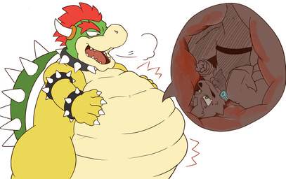 4_fingers anthro anthro_pred anthro_prey armband belly big_belly biped black_armband black_collar breath cheek_tuft claws clothed clothed_anthro clothed_male clothing cloud_emanata collar countershade_body countershading cutaway duo emanata eyebrows facial_tuft finger_claws fingers frown fully_clothed fully_clothed_anthro fully_clothed_male fully_inside fur green_eyes green_face green_shell hair hand_on_belly hand_on_own_belly head_horn horn huge_belly inside_stomach internal jacket kerchief long_sleeves looking_at_belly looking_at_own_belly looking_at_self looking_down looking_down_at_belly looking_down_at_self male male_anthro male_pred male_prey monotone_background motion_lines narrowed_eyes neckerchief neckwear open_frown open_mouth open_smile pointy_ears prick_ears pupils red_eyebrows red_eyes red_hair red_tongue same_size_vore scales shell side_view simple_background smile snout soft_vore spiked_armband spiked_collar spiked_shell spikes spikes_(anatomy) tan_body tan_countershading tan_scales teeth tongue topwear tuft turtle_shell ventral_scales vore white_background yellow_body sabamiso_(sabamasasix) mario_bros nintendo star_fox bowser fox_mccloud canid canine fox koopa mammal reptile scalie turtle 2022 digital_drawing_(artwork) digital_media_(artwork) half-length_portrait hi_res japanese_description portrait