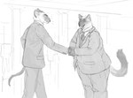 anthro clothing double_chin duo gesture handshake male male/male overweight overweight_male suit cettus whaleoil1 karras_lafontaine reuben_(derpoomer) domestic_cat felid feline felis mammal siamese hi_res monochrome