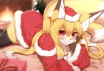 2_tails anthro blonde_hair blush brown_body brown_fur cheek_tuft chest_tuft christmas_clothing christmas_headwear christmas_tree clothed clothing cute_fangs dipstick_ears dipstick_tail dress ear_markings facial_tuft fangs female female_anthro fire fireplace fluffy fluffy_tail fur gift hair hand_on_cheek hat headgear headwear holidays inner_ear_fluff inside kemono legwear looking_at_viewer lying markings multi_tail multicolored_body multicolored_ears multicolored_fur multicolored_hair multicolored_tail on_front plant red_eyes santa_dress santa_hat solo tail tail_markings teeth thigh_highs tree tuft twintails_(hairstyle) white_body white_fur white_hair yellow_body yellow_fur horokusa0519 christmas nio_(horokusa) canid canine fox mammal 2021 digital_media_(artwork)