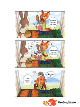 anthro black_ears black_nose blush brown_body brown_ears brown_fur carrot cheek_pull clothed clothing countershading cross-popping_vein dialogue dipstick_ears ear_markings eyelashes female female_anthro food fur green_eyes grey_body grey_ears grey_fur group male male_anthro multicolored_body multicolored_ears multicolored_fur orange_body orange_ears orange_fur pink_inner_ear pink_nose plant pupils purple_eyes speech_bubble tan_body tan_countershading tan_fur tan_inner_ear text trio two_tone_ears vegetable white_body white_countershading white_fur unoday_studio disney zootopia judy_hopps nick_wilde canid canine european_rabbit fox lagomorph leporid mammal oryctolagus rabbit red_fox true_fox comic english_text