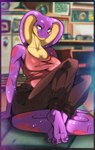 anthro bottomwear breasts clothing feet female glistening glistening_body legs_together looking_at_viewer non-mammal_breasts pants purple_body shirt slightly_chubby snake_hood solo tail toes topwear yellow_eyes 0l-fox-l0 keeshee cobra reptile scalie snake absurd_res colorful_theme hi_res huge_filesize