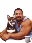 ambiguous_feral ambiguous_gender beard billy_mays canid canine canis clothing collar container cup domestic_dog duo facial_hair feral happy human jiraiya_(artist) male mammal muscular ring shiba_inu shirt simple_background spitz topwear white_background