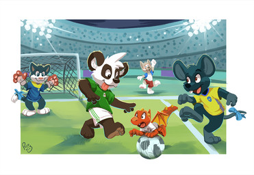 anthro ball barefoot black_body black_fur black_nose blue_body blue_eyes blue_fur brown_eyes closed_smile clothed clothing feet fur germany glistening glistening_eyes grass grey_body grey_fur group logo male male_anthro mascot membrane_(anatomy) membranous_wings mexico mouth_closed open_mouth open_smile outside pink_nose plant smile soccer_ball stadium standing sweden white_body white_fur wings yellow_wings young young_anthro young_male pandapaco fifa mythology parinton zabivaka bear canid canine canis domestic_cat dragon felid feline felis giant_panda mammal mouse murid murine mythological_creature mythological_scalie rodent scalie wolf artist_logo signature