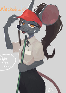4_fingers anthro bent_whiskers biped bottomwear brown_hair clothed clothed_anthro clothed_female clothing female fingers front_view fully_clothed fully_clothed_anthro fully_clothed_female fur grey_body grey_fur hair hat headgear headwear looking_at_viewer open_mouth open_smile simple_background smile solo standing tail tongue topwear whiskers el-k ratricia_(el-k) mammal mouse murid murine rodent 2025 absurd_res digital_drawing_(artwork) digital_media_(artwork) hi_res