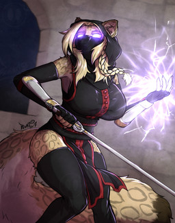 anthro armor assassin belt big_breasts big_tail blonde_hair blue_eyes breasts brown_body brown_fur castle clothed clothing dress female fur glowing glowing_eyes hair hood inside legwear leopard_spots leotard magic markings mask melee_weapon night ninja sleeves solo spots stockings sword tail unusual_eyes warrior weapon blokfort felid mammal pantherine snow_leopard 2026 hi_res