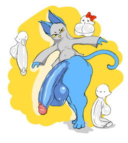 accessory anthro armless balls big_balls big_breasts big_penis blue_body blush bow_(feature) bow_ribbon breasts clothing costume female genitals group hair_accessory hair_bow hair_ribbon huge_breasts huge_penis legless male male/female penis ribbons tail tongue tongue_out white_body yellow_eyes gatofashado domestic_cat felid feline felis ghost mammal spirit hi_res