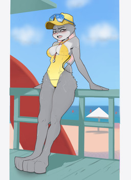 anthro areola areola_slip beach big_breasts biped blush bodily_fluids breasts breath cleavage clothed clothing eyewear female female_anthro fur glasses highleg lanyard_between_breasts leaning leaning_backward leaning_on_object legs_together lifeguard lifeguard_swimsuit lifeguard_tower looking_at_viewer nipples nude object_between_breasts one-piece_swimsuit panting sand seaside simple_background slim solo standing sweat swimwear tail water whistle_around_neck reinecke disney zootopia judy_hopps lagomorph leporid mammal rabbit absurd_res digital_media_(artwork) hi_res