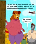 aircraft airplane anthro big_breasts bottomwear breasts clothing curvy_figure demanding female group looking_back male mature_female nipple_outline overweight overweight_male pants pink_clothing pink_sweater pink_topwear pregnant pregnant_anthro pregnant_female purple_bottomwear purple_clothing purple_pants sweater text thick_thighs topwear trio vehicle victory_rolls wide_hips foxtide888 disney talespin the_jungle_book baloo kit_cloudkicker rebecca_cunningham bear mammal sloth_bear ursine english_text mother_(lore) parent_(lore)