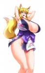 asian_clothing big_breasts blonde_hair breasts cleavage clothed clothing curvy_figure east_asian_clothing female fox_tail green_eyes hair huge_breasts japanese_clothing kimono ponytail pose skimpy smile solo voluptuous wide_hips doriruneko dog_days yukikaze_panettone animal_humanoid canid canid_humanoid canine canine_humanoid fox fox_humanoid humanoid mammal mammal_humanoid hi_res