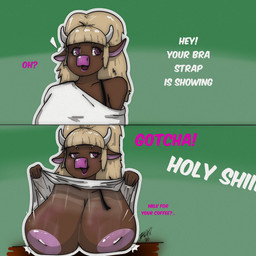 anthro areola big_areola big_breasts blonde_hair breasts brown_body brown_fur clothed clothing clothing_lift curvy_figure exposed_breasts female fur hair horn huge_breasts humor joke milk nipples overweight pink_nipples pink_nose raised_clothing raised_shirt raised_topwear shirt shirt_lift solo topwear bleghis bra_strap_showing_(meme) bobbi titdog bovid bovine cattle mammal comic hi_res meme tagme
