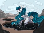 ear_piercing ear_ring female feral fur hair latex long_hair long_mane piercing pit purple_eyes ring_piercing rock slime solo stuck tail teal_hair teal_tail white_body white_fur stirren hasbro my_little_pony fan_character bat_pony equid equine horse living_latex mammal pony