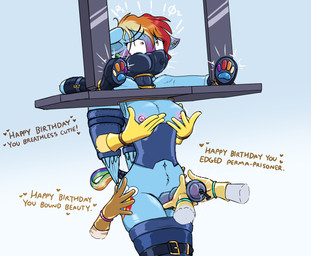 ambiguous_gender animal_genitalia animal_penis anthro asphyxiation bdsm blue_body blue_fur blush bondage bondage_gear bondage_gloves bound breath_play butterfly_gag clothing collar corset dialogue disembodied_hand ear_piercing equine_genitalia equine_penis erection eyebrow_through_hair eyebrows feathered_wings feathers fondling_penis fur gag genitals gloves group gynomorph gynomorph/ambiguous hair handwear intersex intersex/ambiguous latex latex_clothing latex_gloves latex_handwear lingerie multicolored_hair multicolored_tail nipple_fetish nipple_play nipples object_in_urethra penetration penis permanent piercing rainbow_hair rainbow_tail tail tail_wraps text topwear translucent translucent_hair urethral urethral_penetration wings wings_tied wraps caroo friendship_is_magic hasbro my_little_pony mythology krd_(oc) rainbow_dash_(mlp) equid equine mammal mythological_creature mythological_equine pegasus english_text trans_(lore)