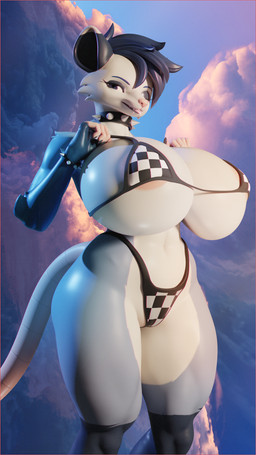 anthro areola areola_slip big_breasts bikini blue_eyes blue_hair bracelet breasts clothed clothed_female clothing collar countershading female hair huge_breasts hyper hyper_breasts jewelry looking_at_viewer multicolored_body one_eye_closed piercing solo spiked_bracelet spiked_collar spikes swimwear tail thick_thighs two-piece_swimsuit two_tone_body wide_hips wink winking_at_viewer sharkraus valorlynz_(modeler) delphi_(sharkraus) american_opossum mammal marsupial 2025 3d_(artwork) 9:16 absurd_res blender_(artwork) digital_media_(artwork) hi_res