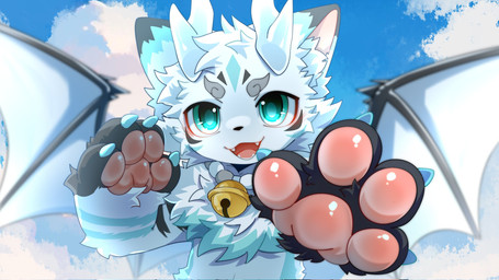 2_horns 4_fingers anthro bat_wings bell biped blue_body blue_eyes blue_fur blue_sky blurred_background blush blush_lines chest_tuft cloud cloudy_sky cute_fangs dragon_horn fangs fingers flying fur fur_markings horn inner_ear_fluff kemono male markings membrane_(anatomy) membranous_wings multicolored_body multicolored_fur neck_tuft open_mouth open_smile outside painted_background pawpads reaching reaching_towards_viewer ring ringing_bell sky skyscape smile solo teeth tuft white_body white_clouds white_fur wings hlg7777 mythology dragon furred_dragon furred_scalie mythological_creature mythological_scalie scalie 16:9 2025 chinese_description digital_drawing_(artwork) digital_media_(artwork) hi_res shaded soft_shading translated_description wallpaper widescreen
