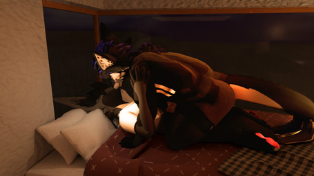 anthro bed bedroom black_body black_fur clothing cuddling duo fur furniture kissing male male/male straddling window draegyn draegyn_(character) rex_(draegyn) alphazear canid canine fox mammal rexouium 16:9 3d_(artwork) digital_media_(artwork) hi_res widescreen