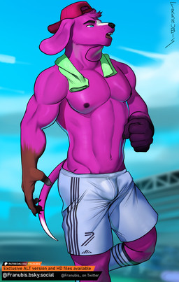 abs anthro biceps bottomwear bulge clothing fur male muscular muscular_male nipples outside pecs pink_body pink_fur public shorts soccer solo sport stadium tail towel franubis canid canine canis domestic_dog mammal hi_res