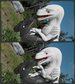 4_fingers ambiguous/ambiguous ambiguous_feral ambiguous_gender angry black_body dialogue feral fingers open_mouth outside page_number plant rock scared seductive teeth teeth_showing tree white_body thatman jinnoaka_(modeler) blender_(copyright) forest_fun_(thatman) x_(thatman_23) xaria_(thatman_23) dinosaur interceptor prehistoric_species reptile scalie 3d_(artwork) blender_(artwork) blender_cycles_(artwork) comic digital_media_(artwork) hi_res female_(lore) male_(lore)