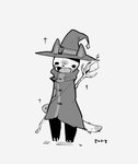 anthro clothing dot_eyes hat headgear headwear looking_at_viewer male solo staff standing tail witch_hat tobydoge mr._waffle domestic_cat felid feline felis mammal full-length_portrait grey_theme hi_res monochrome portrait