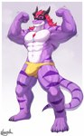 abs anthro clothed clothing horn male muscular muscular_anthro muscular_male partially_clothed pecs purple_body purple_stripes solo striped_body stripes kamyuelo scalie hi_res