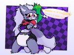 anthro clean_diaper clothed clothing crop_top crossed_arms dialogue diaper embarrassed female fur grey_body grey_fur kneeling open_mouth purple_background shirt simple_background solo speech_bubble text topwear wearing_diaper yellow_eyes rapoof five_nights_at_freddy's five_nights_at_freddy's:_security_breach scottgames steel_wool_studios roxanne_wolf canid canine canis mammal wolf english_text hi_res