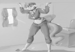 anthro anthrofied barefoot biped clothed clothing curtains exclamation_point eyewear feet female glasses growth hair inside navel one_eye_closed plantigrade solo standing torn_clothing sirmasterdufel friendship_is_magic hasbro my_little_pony mayor_mare_(mlp) earth_pony equid equine horse mammal pony 2015 greyscale monochrome