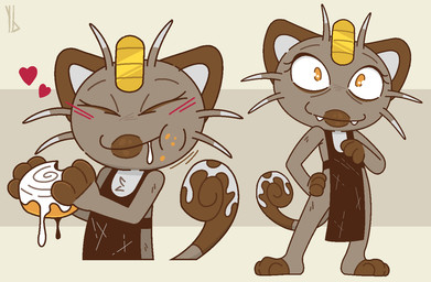3_fingers 3_toes anthro apron apron_only barefoot biped black_apron black_clothing blush blush_lines brown_body brown_ears brown_fur brown_lips brown_tail cinnamon_bun clothing curled_tail eating eyebrows eyelashes eyes_closed fangs feet female female_anthro fingers flat_chested food fur hand_on_hip hand_on_own_hip lips logo mature_anthro mature_female multicolored_body multicolored_fur multicolored_tail orange_eyes pastry plantigrade solo tail tan_body tan_fur tan_tail tan_whiskers teeth toes two_tone_whiskers whiskers white_body white_fur white_inner_ear white_tail white_whiskers yaldabroth nintendo pokemon cinnamon_(yaldabroth) fan_character felid feline generation_1_pokemon mammal meowth pokemon_(species) 2025 artist_logo