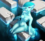 anthro blue_body blue_scales breasts ear_fins ear_piercing eyelashes feet female fin fish hi_res humanoid_pointy_ears kous looking_at_viewer marine medium_breasts naturally_censored navel nintendo ocarina_of_time partially_submerged piercing princess_ruto purple_eyes scales sitting solo the_legend_of_zelda thick_thighs water wide_hips zora