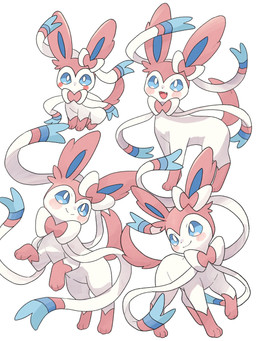 ambiguous_gender blue_eyes blush blush_lines bow_(anatomy) fangs feral fur looking_at_viewer open_mouth paws pink_body pink_fur ribbons_(anatomy) simple_background sitting smile solo tail teeth tongue white_body 6mphr nintendo pokemon eeveelution generation_6_pokemon pokemon_(species) sylveon 2026 3:4 hi_res