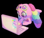 anthro big_eyes blinking clothing computer electronics eyelashes eyewear eyewear_on_head female goggles goggles_on_head laptop low_poly multicolored_clothing multicolored_ears multicolored_eyelashes multicolored_fingers paws pink_body rainbow_clothing rainbow_ears rainbow_eyelashes shirt simple_background solo sparkles sparkling_eyes star swaying tank_top tie-dye topwear transparent_background lowpolyparrot domestic_rabbit lagomorph leporid lop_rabbit mammal oryctolagus rabbit 3d_(artwork) alpha_channel animated digital_media_(artwork) low_res