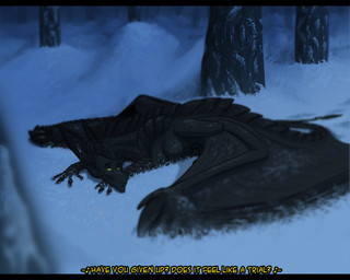 ambiguous_gender black_horn black_membrane feral horn lying membrane_(anatomy) membranous_wings monotone_body mouth_closed narrowed_eyes on_front outside plant snow solo tree unsigned wings kardinaluz mythology dragon mythological_creature mythological_scalie scalie 5:4 full-length_portrait hi_res letterbox portrait