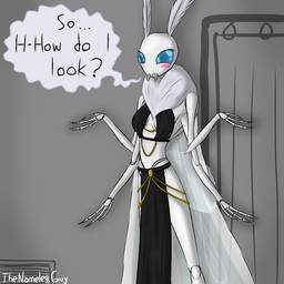 4_arms air_vent anthro black_bottomwear black_clothing black_dress black_skirt blue_eyes blush bottomwear clothing curtains dialogue dress female gold_(metal) gold_jewelry jewelry multi_arm multi_limb skirt solo speech_bubble text white_body the_nameless_guy meme_clothing nyx_(the_nameless_guy) arthropod insect lepidopteran moth 1:1 english_text meme