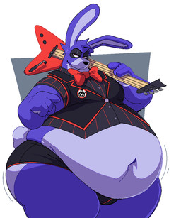 4_fingers abstract_background anthro bass_guitar belly belly_overhang big_belly biped bow_tie buckteeth bulge clothed clothing fingers fur guitar half-closed_eyes long_ears looking_at_viewer male musical_instrument narrowed_eyes navel obese obese_anthro obese_male overweight overweight_anthro overweight_male pantsless_anthro pantsless_male plucked_string_instrument red_bow_tie red_guitar simple_background solo string_instrument teeth thick_thighs toony topwear vest boot_(artist) five_nights_at_freddy's scottgames bonnie_(fnaf) lagomorph leporid mammal rabbit 2025 digital_media_(artwork)