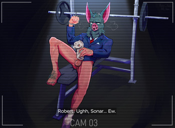 5_fingers 5_toes balls body_hair bottomless bottomless_humanoid bottomless_male bound camera_view clothed clothing cock_sock cuff_(restraint) dialogue dirty dirty_clothing dirty_socks erection feet fingers footwear for_a_head fur genitals gym_bench hairy_balls hairy_feet hairy_hands hairy_legs hand_on_penis hands_tied humanoid_feet humanoid_genitalia humanoid_penis leg_hair male masturbation metal_cuffs necktie penile penile_masturbation penis penis_clothing plantigrade restraints socks solo suit text toes topwear weights rote_haare dispatch sonar_(dispatch) animal_head animal_humanoid bat humanoid mammal mammal_humanoid digital_media_(artwork) english_text hi_res