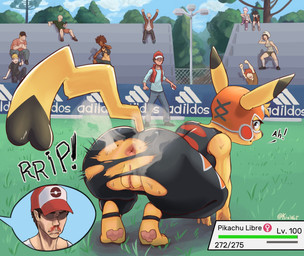 all_fours anthro anus athletic athletic_female being_watched bent_over big_anus big_butt blood blush bodily_fluids butt cleft_tail clothing cloud cosplay_pikachu_(costume) crouching crowd female forest fur gasp genitals grass group hat headgear headwear level_number looking_at_another looking_at_viewer looking_back male markings mole_(marking) musk nosebleed number open_mouth outside paws plant pokeball pokeball_clothing public public_exposure public_nudity rear_view shocked sky solo_focus stadium steam street_lamp sweat tail text tight_clothing torn_clothing tree vulva wardrobe_malfunction wrestler y_anus yellow_body yellow_fur kiu-wot nintendo pokemon cosplay_pikachu_(character) pikachu_libre pokemon_trainer generation_1_pokemon pikachu pokemon_(species) 2021 digital_media_(artwork) hi_res shaded