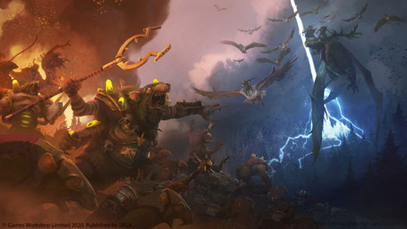 ambiguous_gender angry anthro antlers armor bow_(weapon) buckteeth cloud dutch_angle electricity feral forest fur gesture group hand_gesture headgear helmet holding_bow_(weapon) holding_mace holding_object holding_ranged_weapon holding_staff holding_weapon horn lightning male multi_arm multi_limb open_mouth outside plant plate_armor pointing ranged_weapon riding sharp_teeth staff teeth tree war weapon xavier_ribeiro mythology total_war:_warhammer warhammer_(franchise) avian bird dragon human humanoid mammal mythological_creature mythological_scalie rodent scalie skaven 16:9 2020 4k absurd_res digital_media_(artwork) hi_res official_art widescreen