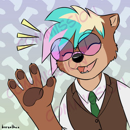accessory anthro bandage bandage_on_face bangs brown_body brown_fur close-up clothed clothing eyewear fangs fur gesture glasses hair happy male multicolored_hair necktie open_mouth pastel_hair pawpads raised_hand round_glasses shirt simple_background small_fangs solo teeth topwear vest waving borealhao mammal mustelid otter 1:1 absurd_res colored digital_drawing_(artwork) digital_media_(artwork) hi_res portrait signature