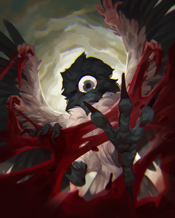 1_eye ambiguous_gender biblically_accurate_crow blood bodily_fluids claws feral grey_eyes horror_(theme) humanoid_hands paws solo toe_claws redtable avian bird corvid corvus_(genus) crow oscine passerine hi_res